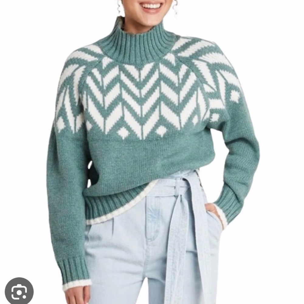 A new day cream and teal Nordic style mock neck fair isle sweater!